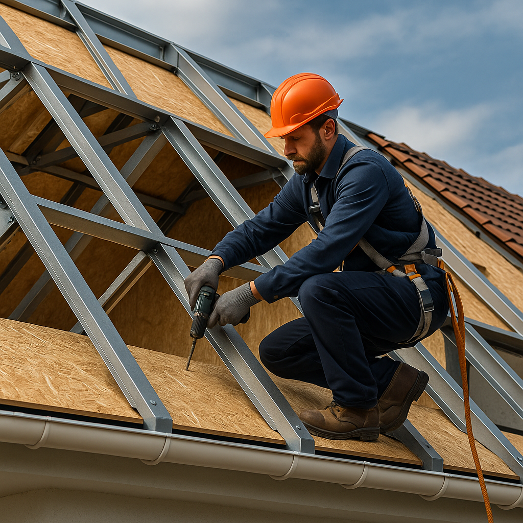 Çatı ustası çelik konstrüksiyon çatı montajı yapıyor – OSB kaplama ve çatı tamiri