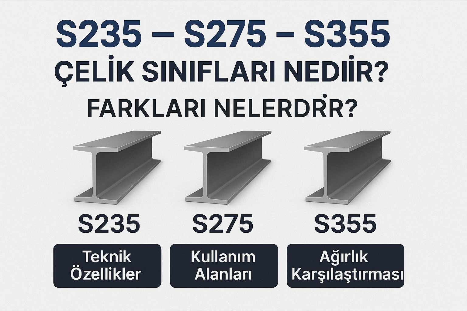 S235, S275 ve S355 çelik sınıflarının farklarını gösteren teknik profil karşılaştırma görseli – IPE çelik kiriş modelleri