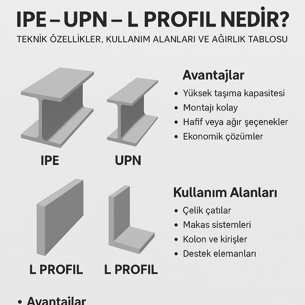 “IPE UPN ve L profil nedir görseli – çelik çatı yapımında kullanılan çelik profil çeşitleri teknik çizim”